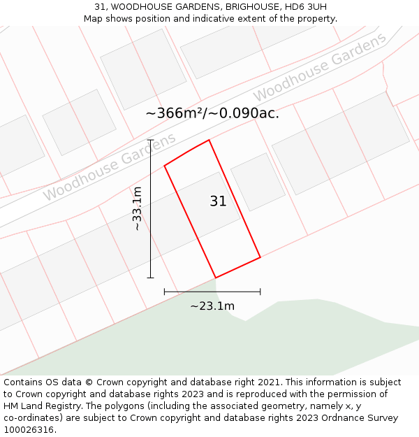 31, WOODHOUSE GARDENS, BRIGHOUSE, HD6 3UH: Plot and title map