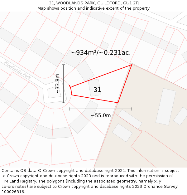 31, WOODLANDS PARK, GUILDFORD, GU1 2TJ: Plot and title map