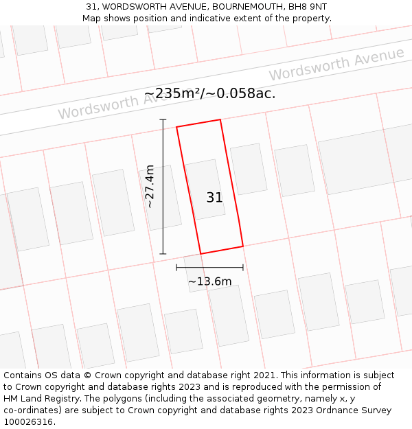 31, WORDSWORTH AVENUE, BOURNEMOUTH, BH8 9NT: Plot and title map