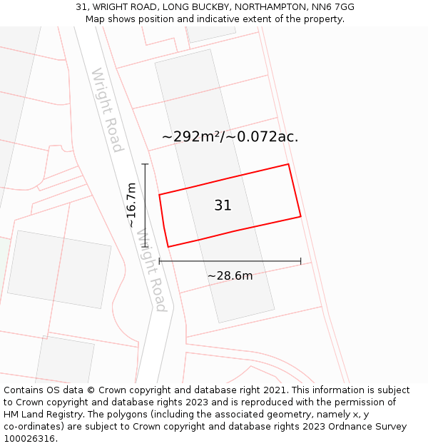 31, WRIGHT ROAD, LONG BUCKBY, NORTHAMPTON, NN6 7GG: Plot and title map