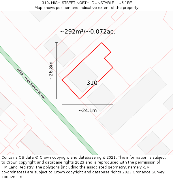 310, HIGH STREET NORTH, DUNSTABLE, LU6 1BE: Plot and title map