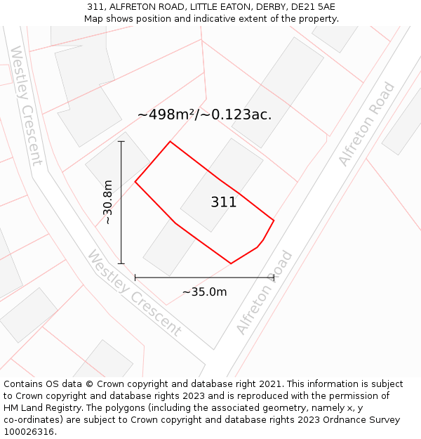 311, ALFRETON ROAD, LITTLE EATON, DERBY, DE21 5AE: Plot and title map