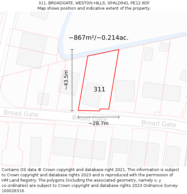 311, BROADGATE, WESTON HILLS, SPALDING, PE12 6DF: Plot and title map