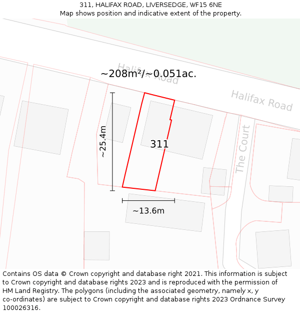 311, HALIFAX ROAD, LIVERSEDGE, WF15 6NE: Plot and title map