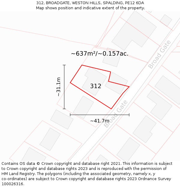 312, BROADGATE, WESTON HILLS, SPALDING, PE12 6DA: Plot and title map