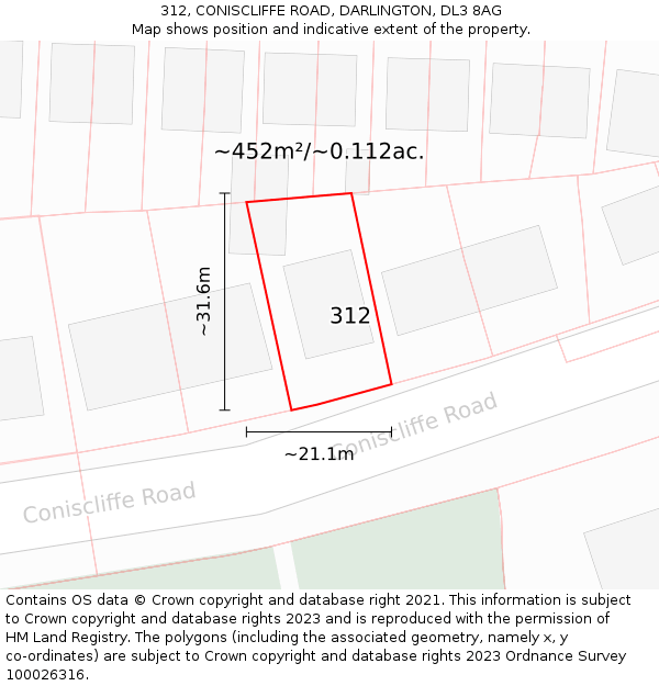 312, CONISCLIFFE ROAD, DARLINGTON, DL3 8AG: Plot and title map