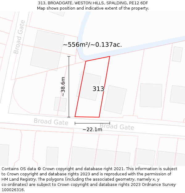 313, BROADGATE, WESTON HILLS, SPALDING, PE12 6DF: Plot and title map