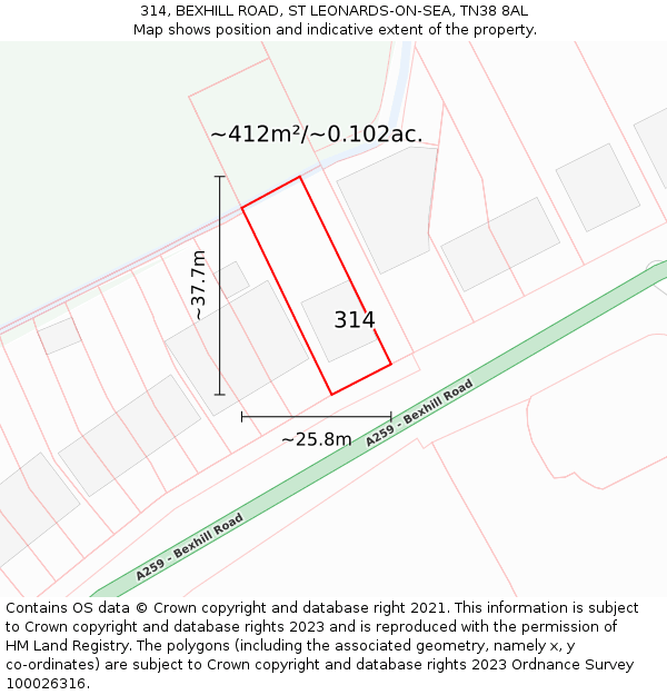 314, BEXHILL ROAD, ST LEONARDS-ON-SEA, TN38 8AL: Plot and title map