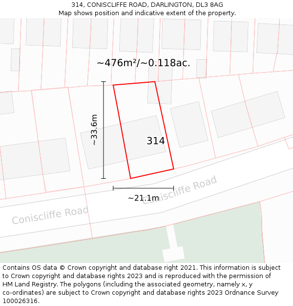 314, CONISCLIFFE ROAD, DARLINGTON, DL3 8AG: Plot and title map
