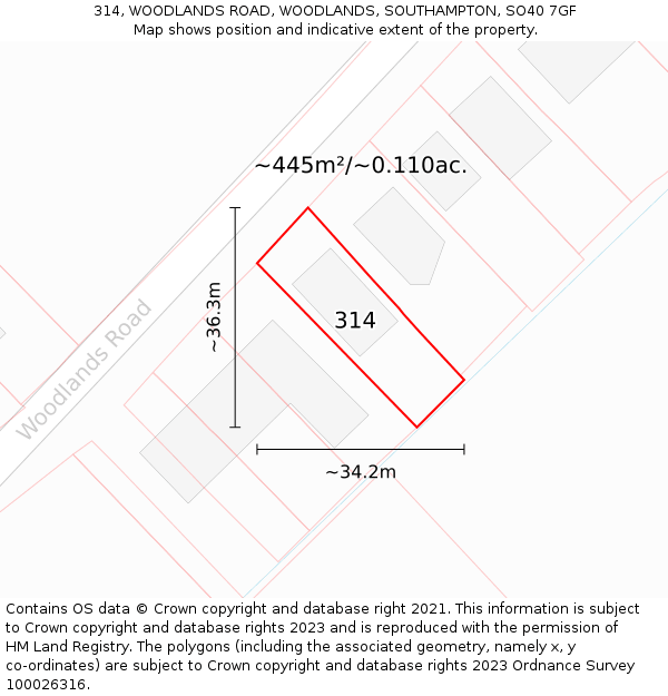 314, WOODLANDS ROAD, WOODLANDS, SOUTHAMPTON, SO40 7GF: Plot and title map