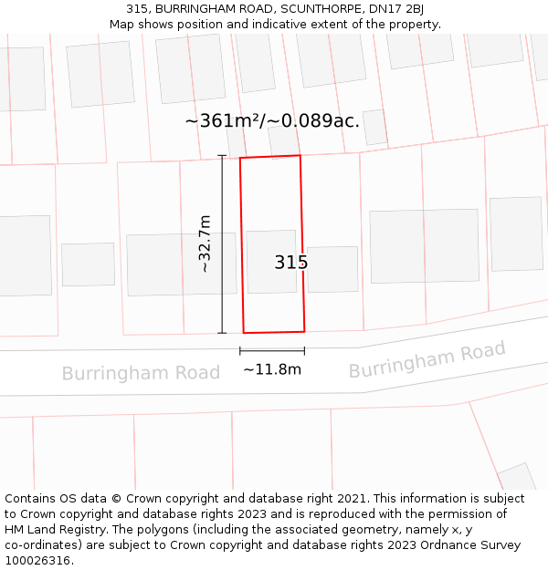 315, BURRINGHAM ROAD, SCUNTHORPE, DN17 2BJ: Plot and title map