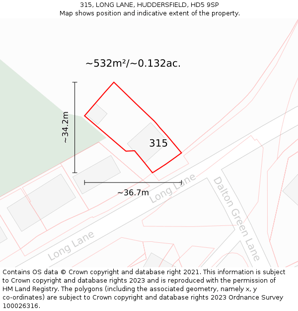 315, LONG LANE, HUDDERSFIELD, HD5 9SP: Plot and title map