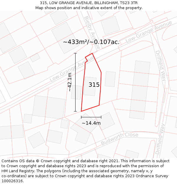 315, LOW GRANGE AVENUE, BILLINGHAM, TS23 3TR: Plot and title map