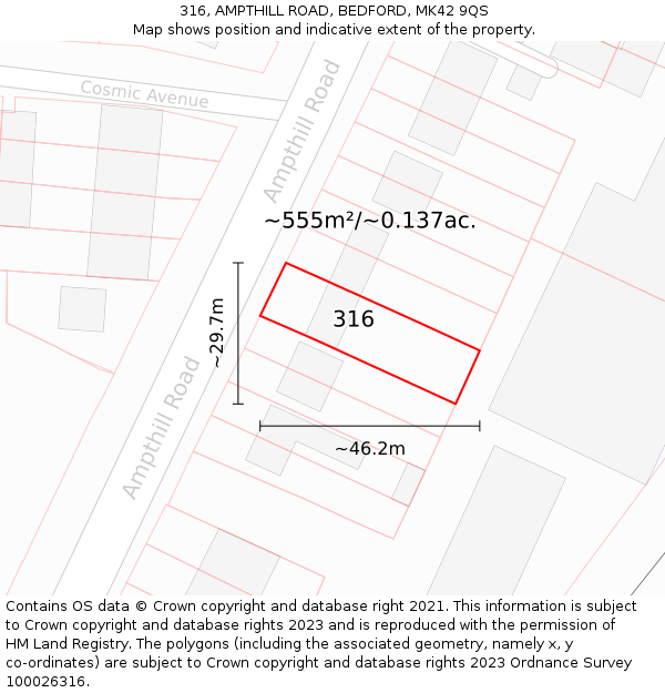 316, AMPTHILL ROAD, BEDFORD, MK42 9QS: Plot and title map