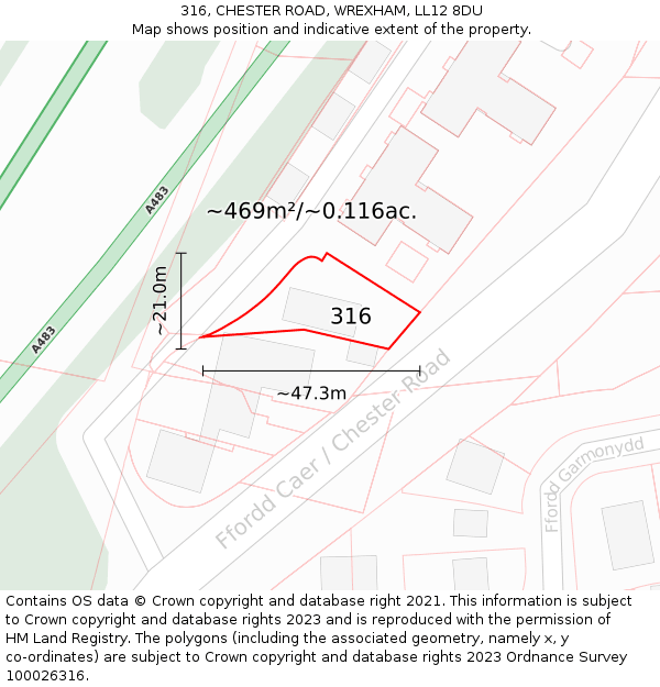 316, CHESTER ROAD, WREXHAM, LL12 8DU: Plot and title map