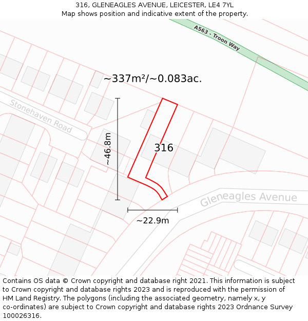 316, GLENEAGLES AVENUE, LEICESTER, LE4 7YL: Plot and title map