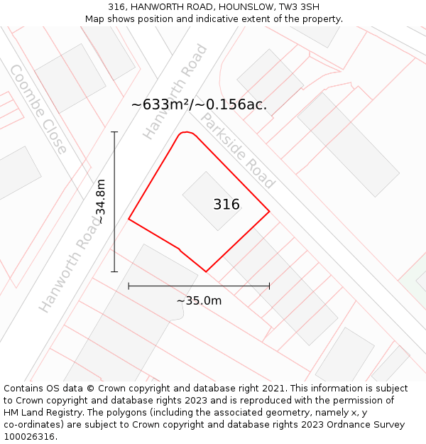 316, HANWORTH ROAD, HOUNSLOW, TW3 3SH: Plot and title map