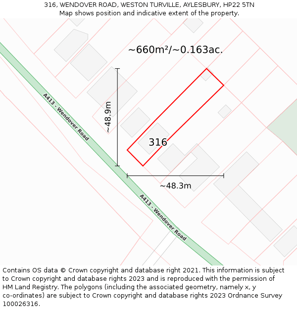 316, WENDOVER ROAD, WESTON TURVILLE, AYLESBURY, HP22 5TN: Plot and title map