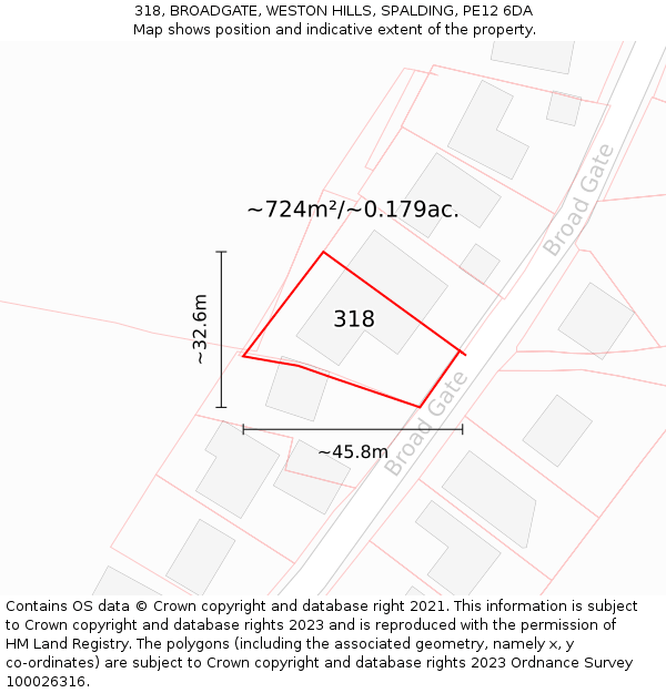 318, BROADGATE, WESTON HILLS, SPALDING, PE12 6DA: Plot and title map
