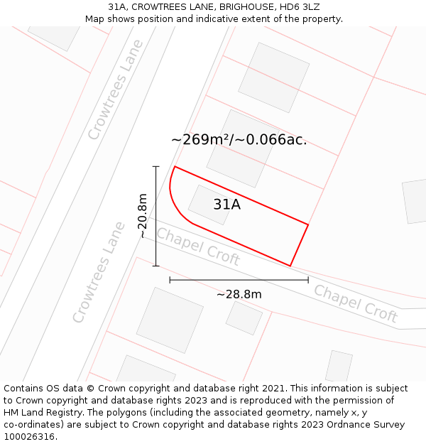 31A, CROWTREES LANE, BRIGHOUSE, HD6 3LZ: Plot and title map