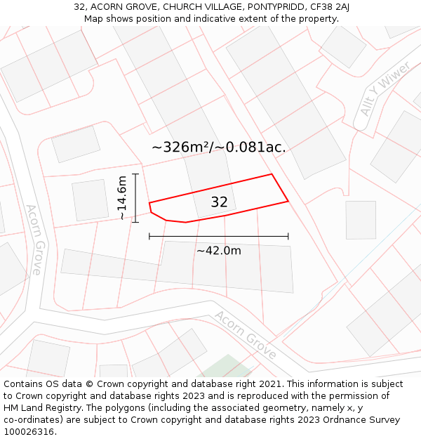 32, ACORN GROVE, CHURCH VILLAGE, PONTYPRIDD, CF38 2AJ: Plot and title map