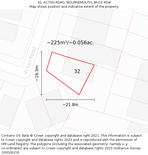 32, ACTON ROAD, BOURNEMOUTH, BH10 4DW: Plot and title map