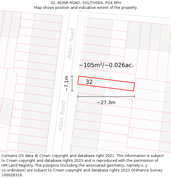 32, ADAIR ROAD, SOUTHSEA, PO4 9PH: Plot and title map