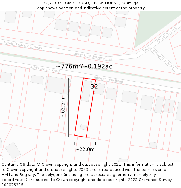 32, ADDISCOMBE ROAD, CROWTHORNE, RG45 7JX: Plot and title map