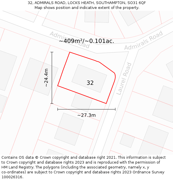 32, ADMIRALS ROAD, LOCKS HEATH, SOUTHAMPTON, SO31 6QF: Plot and title map