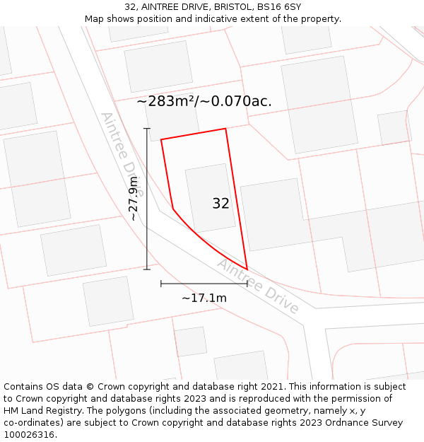 32, AINTREE DRIVE, BRISTOL, BS16 6SY: Plot and title map