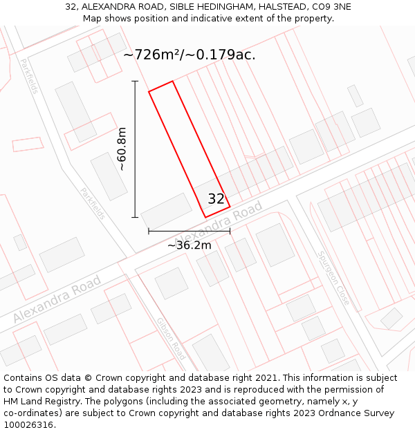 32, ALEXANDRA ROAD, SIBLE HEDINGHAM, HALSTEAD, CO9 3NE: Plot and title map