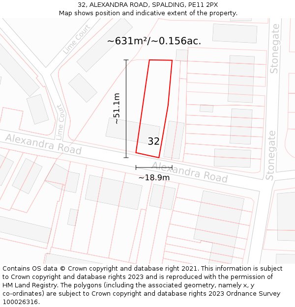 32, ALEXANDRA ROAD, SPALDING, PE11 2PX: Plot and title map