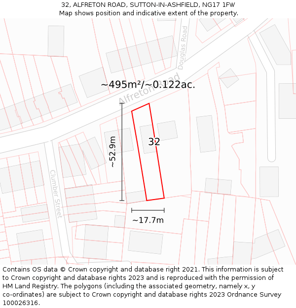 32, ALFRETON ROAD, SUTTON-IN-ASHFIELD, NG17 1FW: Plot and title map