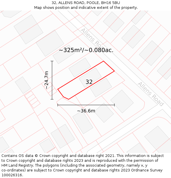 32, ALLENS ROAD, POOLE, BH16 5BU: Plot and title map