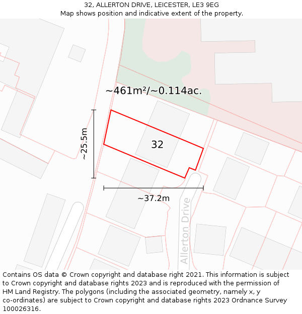 32, ALLERTON DRIVE, LEICESTER, LE3 9EG: Plot and title map