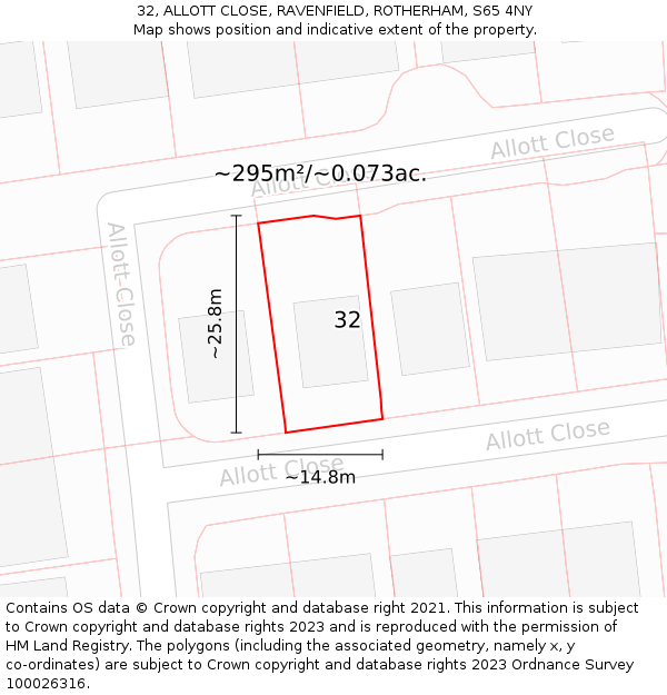 32, ALLOTT CLOSE, RAVENFIELD, ROTHERHAM, S65 4NY: Plot and title map