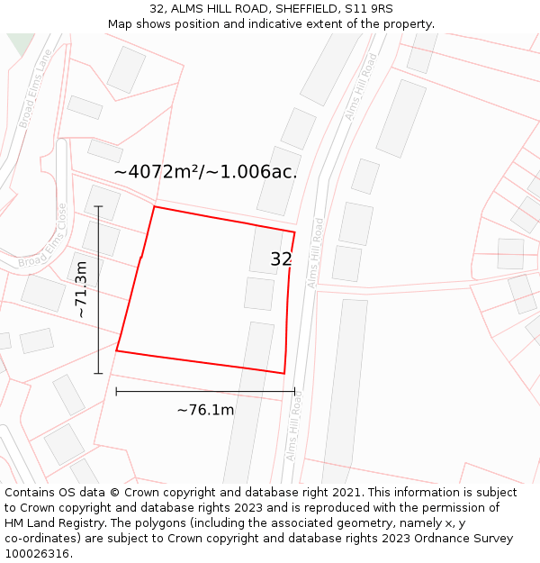 32, ALMS HILL ROAD, SHEFFIELD, S11 9RS: Plot and title map