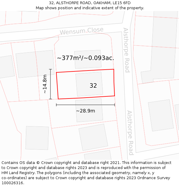 32, ALSTHORPE ROAD, OAKHAM, LE15 6FD: Plot and title map