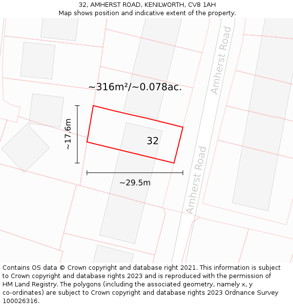 32, AMHERST ROAD, KENILWORTH, CV8 1AH: Plot and title map