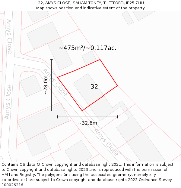 32, AMYS CLOSE, SAHAM TONEY, THETFORD, IP25 7HU: Plot and title map