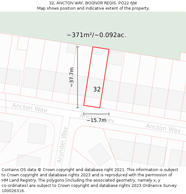 32, ANCTON WAY, BOGNOR REGIS, PO22 6JW: Plot and title map