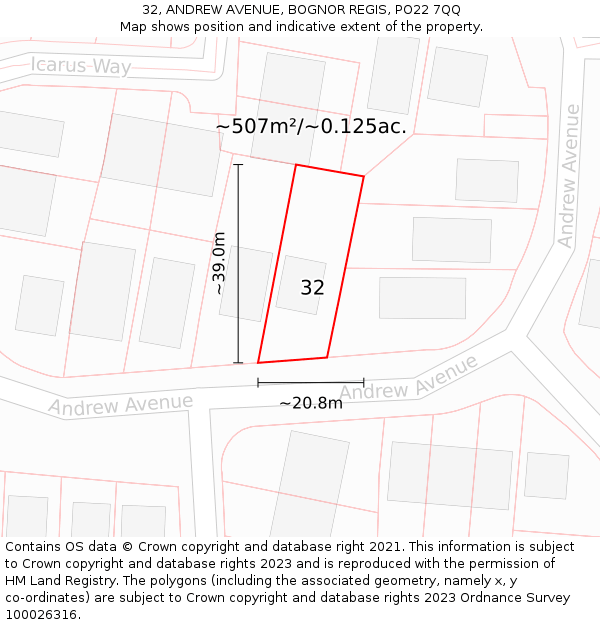 32, ANDREW AVENUE, BOGNOR REGIS, PO22 7QQ: Plot and title map