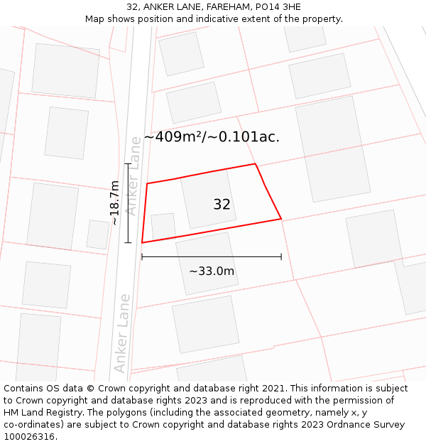 32, ANKER LANE, FAREHAM, PO14 3HE: Plot and title map