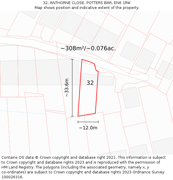 32, ANTHORNE CLOSE, POTTERS BAR, EN6 1RW: Plot and title map