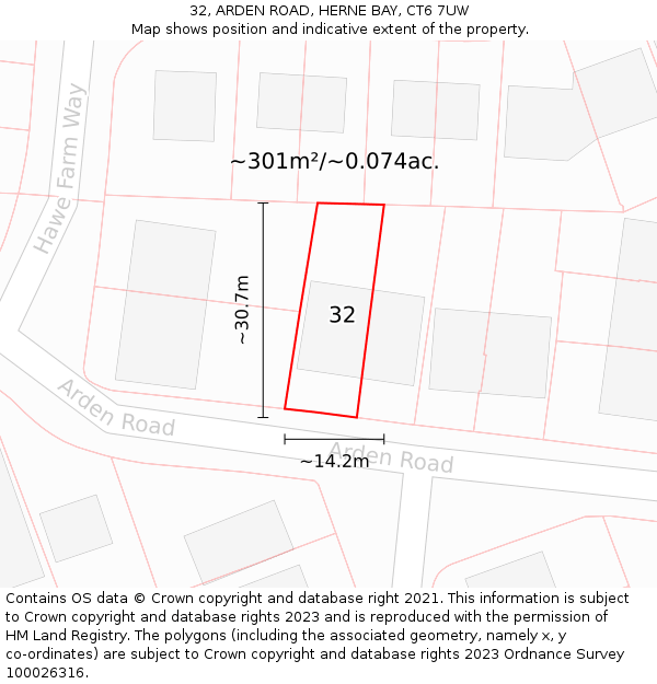 32, ARDEN ROAD, HERNE BAY, CT6 7UW: Plot and title map