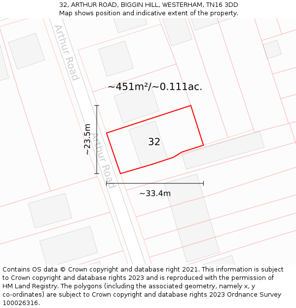 32, ARTHUR ROAD, BIGGIN HILL, WESTERHAM, TN16 3DD: Plot and title map