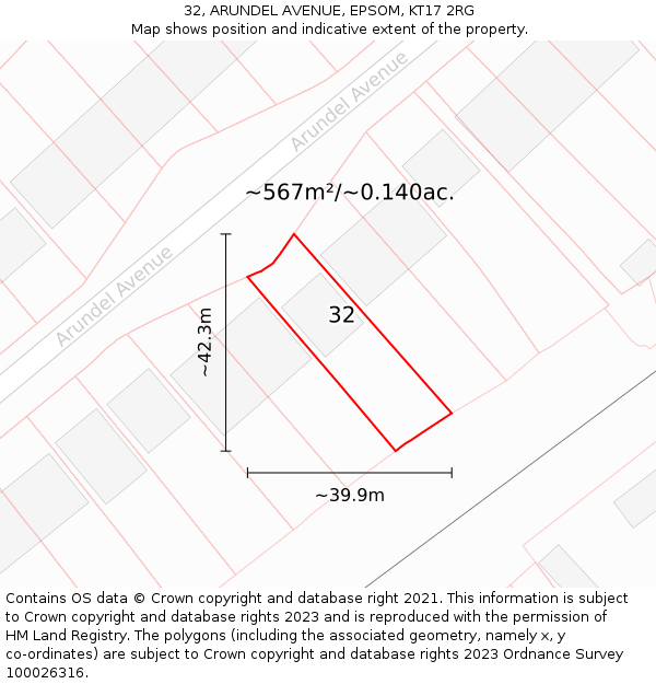 32, ARUNDEL AVENUE, EPSOM, KT17 2RG: Plot and title map