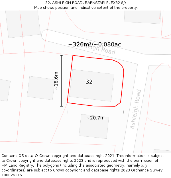 32, ASHLEIGH ROAD, BARNSTAPLE, EX32 8JY: Plot and title map