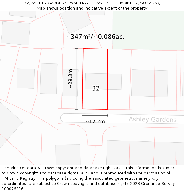 32, ASHLEY GARDENS, WALTHAM CHASE, SOUTHAMPTON, SO32 2NQ: Plot and title map