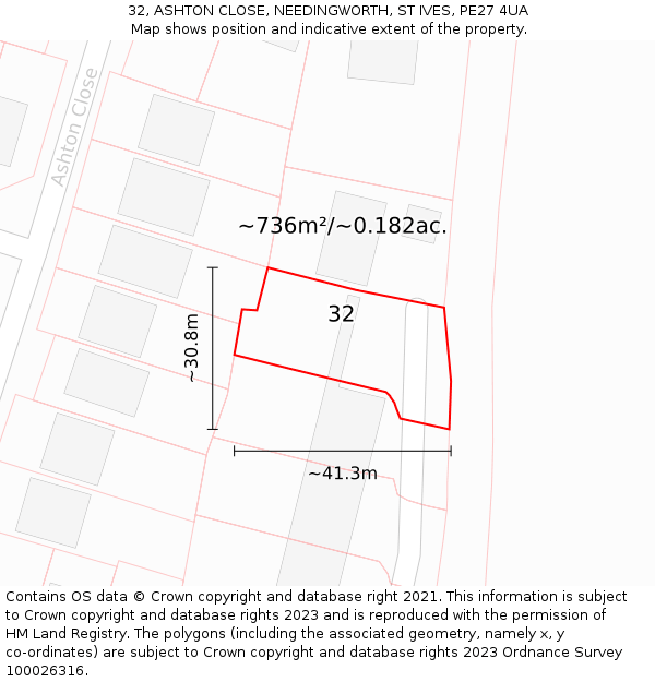 32, ASHTON CLOSE, NEEDINGWORTH, ST IVES, PE27 4UA: Plot and title map